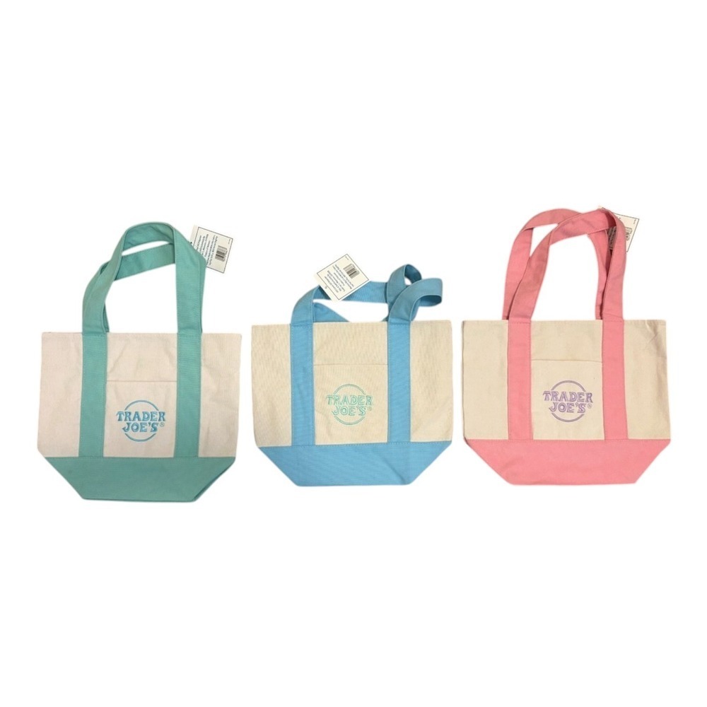 Trader Joes Mini Pastel Canvas Tote Bag Set of 3 NWT Pink Blue Green Spring 2026